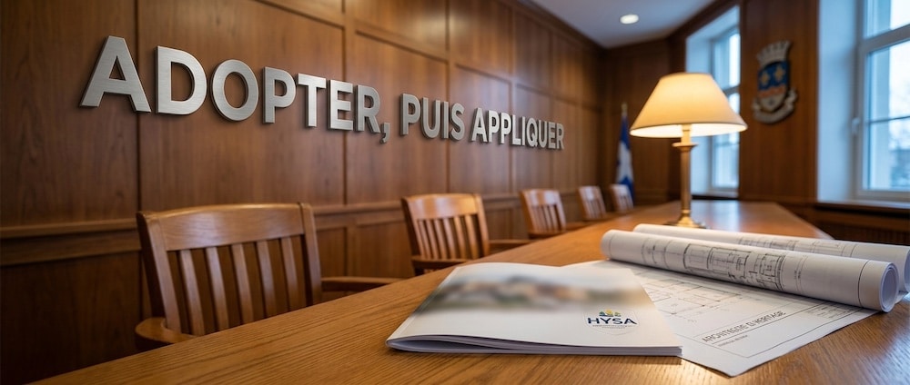 Salle du conseil municipal au Québec, règlement imprimé et plans d’un bâtiment patrimonial sur la table