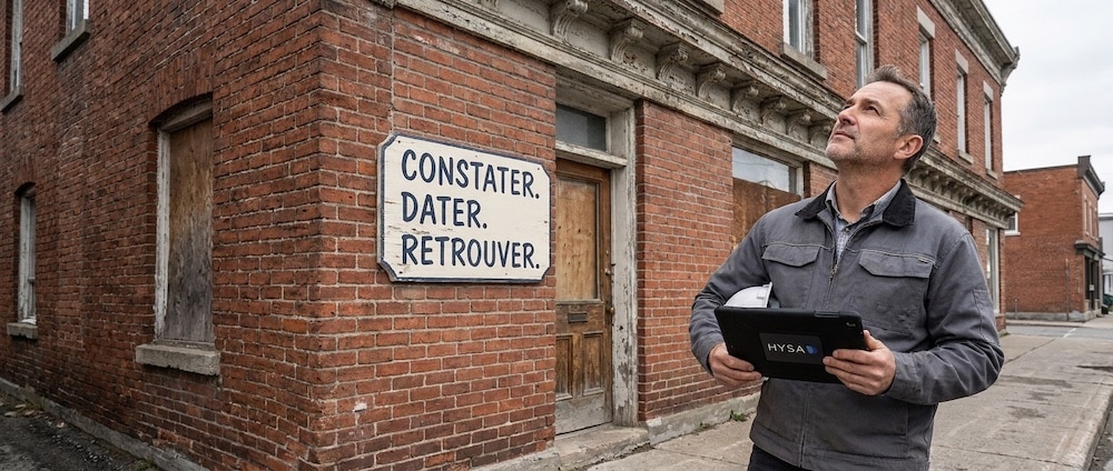 Inspecteur municipal examinant la façade d’un bâtiment patrimonial québécois, tablette à la main