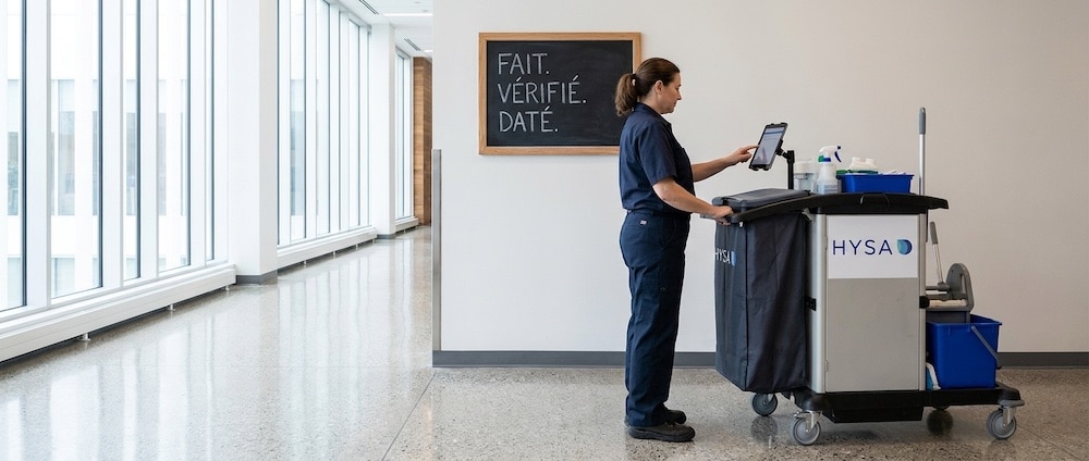 Préposée à l’entretien cochant sa route de travail sur tablette dans un corridor d’édifice municipal