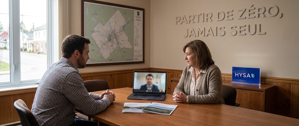 Directrice générale d’une petite municipalité québécoise en séance d’accompagnement à distance, guides imprimés et carte du territoire
